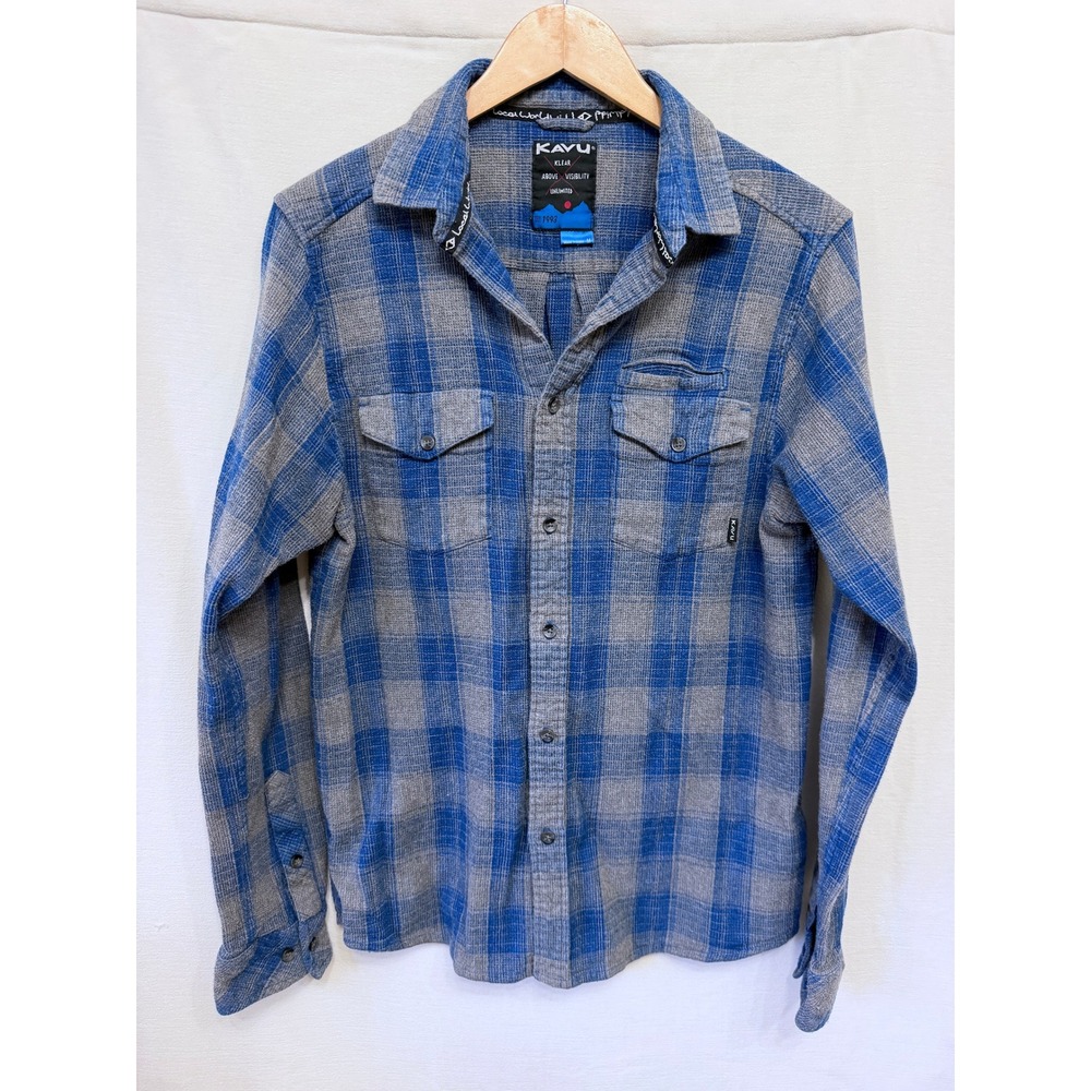KAVU Klear Above Visibility Unlimited Plaid Flannel Shirt Mens Medium Blue Gray